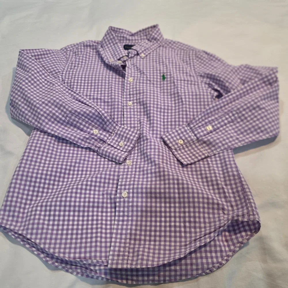 Ralph Lauren Button Down Boys L 14-16 Purple Gingham Excellent Long Sleeve Shirt